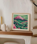 Kusama-style Mount Fuji print with bold colours and blossoms.