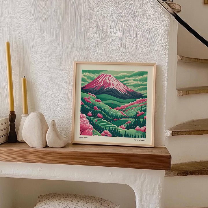 Mountain Landscape Art print leaning on a shelf with candles and decorative pottery nearby