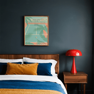 Showing Miami Beach Tennis Print with stylized court layout, small tennis ball, and palm fronds