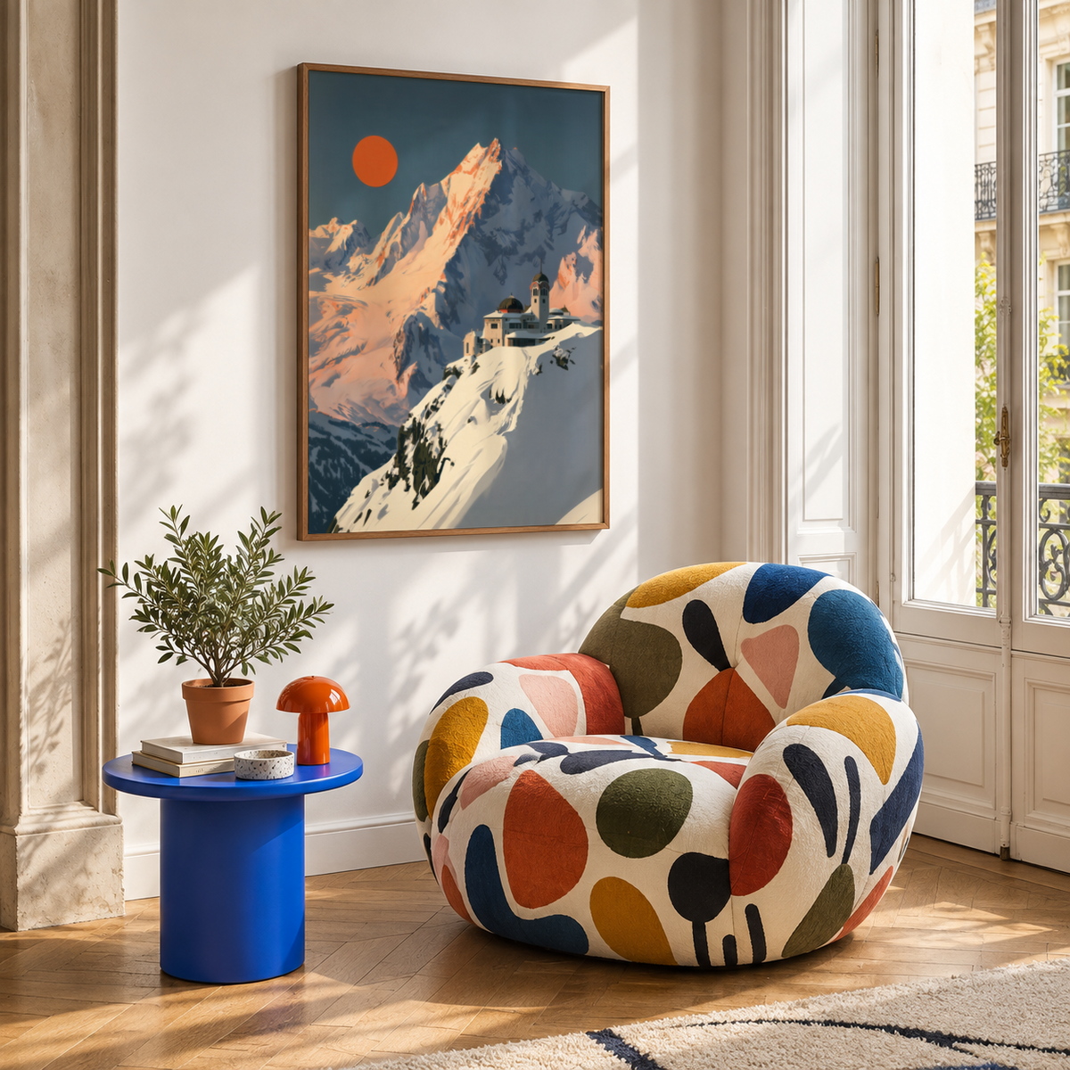 Depicting a towering mountain with layered shadows and sun disc, Art Deco Mountain Poster poster