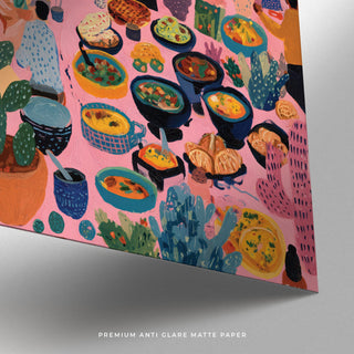 Group of people eating and chatting in a festive artwork from Mexico.