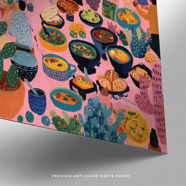 Group of people eating and chatting in a festive artwork from Mexico.