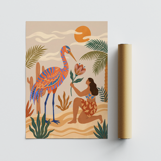 Minimalist-style poster print of a tropical bird and figure in a warm landscape scene
