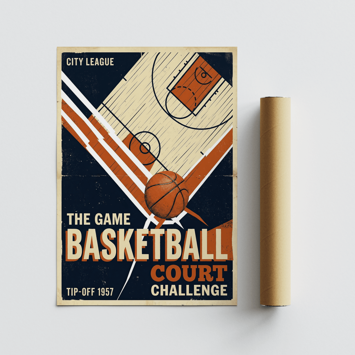 Retro Sports Wall Art featuring basketball court diagram and bold lettering