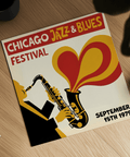 Chicago Blues Print wall art featuring Black, Beige, Red, and Yellow in studio