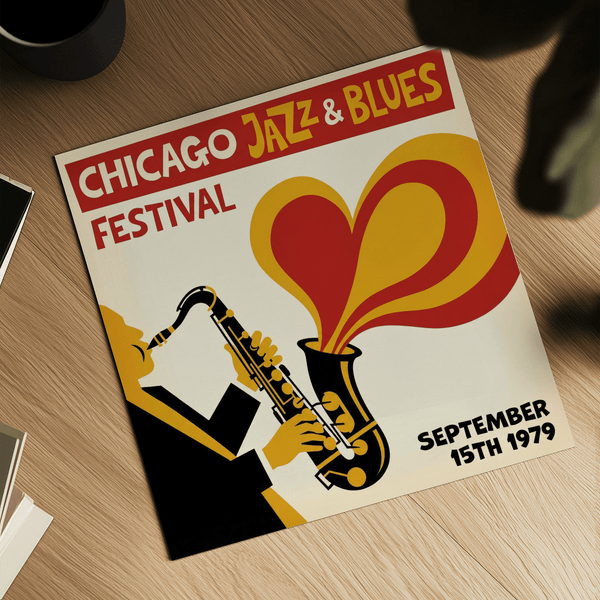 Chicago Blues Print wall art featuring Black, Beige, Red, and Yellow in studio