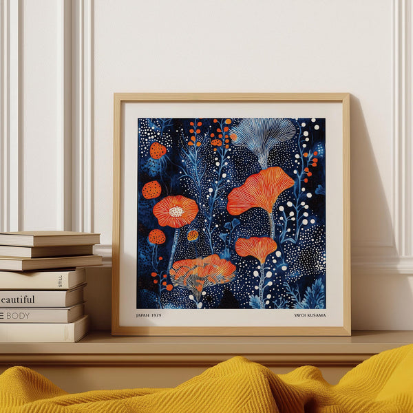 Abstract Flower Art with Yayoi Kusama–inspired dots and orange Japanese blooms.