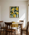 Watercolor-style Lemon Painting with green leaves and vertical stripes.