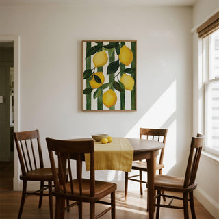 Watercolor-style Lemon Painting with green leaves and vertical stripes.