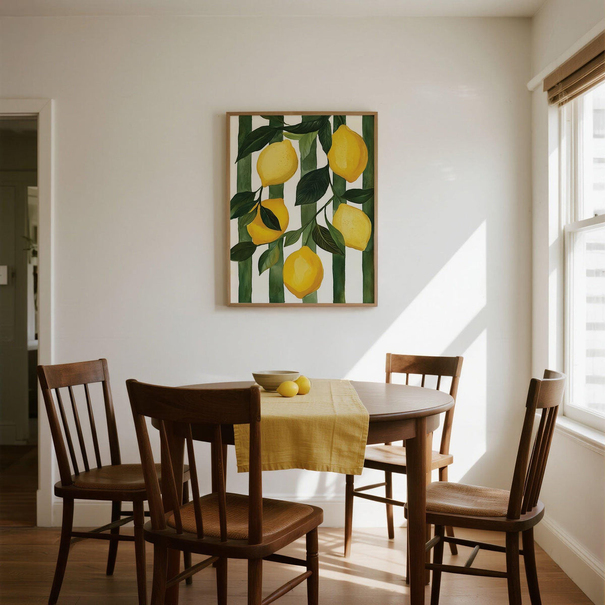 Watercolor-style Lemon Painting with green leaves and vertical stripes.