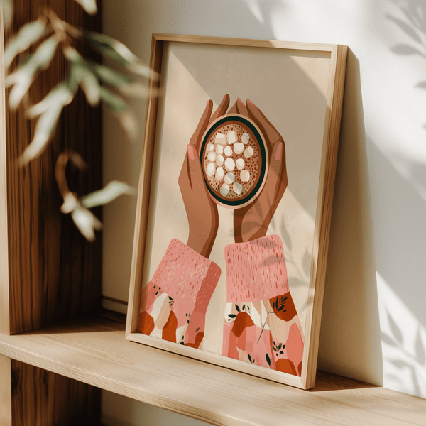 Hot Cocoa Wall Art in brown, pink, white, and beige for study decor