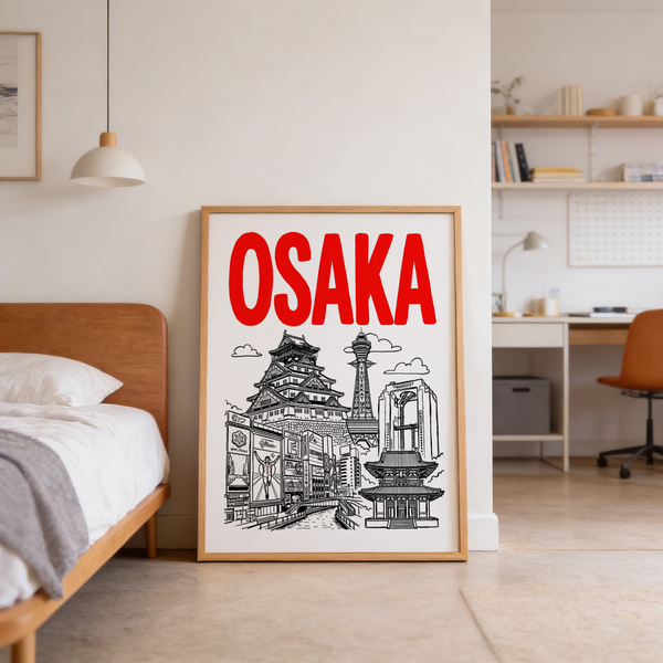 Bold typography Osaka City Print with black ink cityscape illustration