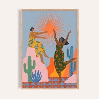 Sunset Women Art Print featuring two figures reaching toward a radiant sunburst