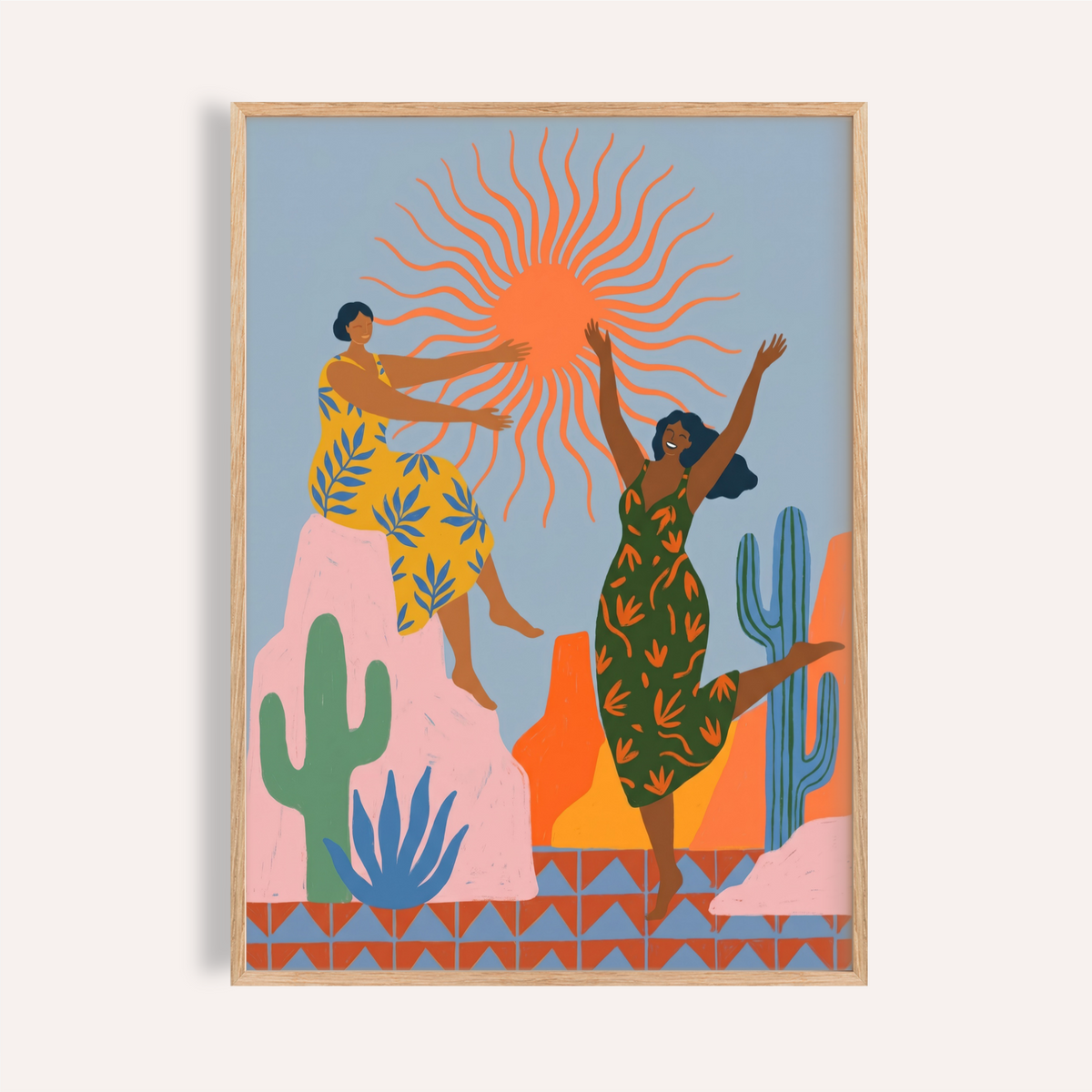 Sunset Women Art Print featuring two figures reaching toward a radiant sunburst