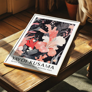 Bold black and pink wall art with abstract flowers and leafy textures