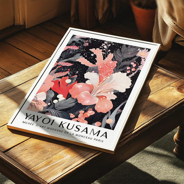 Bold black and pink wall art with abstract flowers and leafy textures