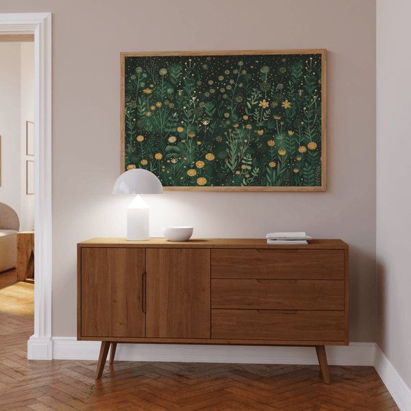 Garden-inspired print highlighting slender leaves and scattered dots