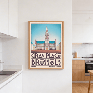 Wide view of Brussels Grand Place Art Print with central spire, corner turrets, and clean sky background