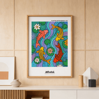 Illustrated koi fish print poster with mosaic-style water patterns and lily pads