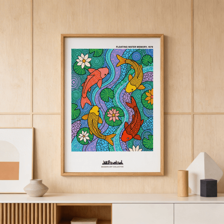 Koi Fish wall art with colourful koi fish and lily pads in a wooden frame on a wooden paneled wall above a sideboard