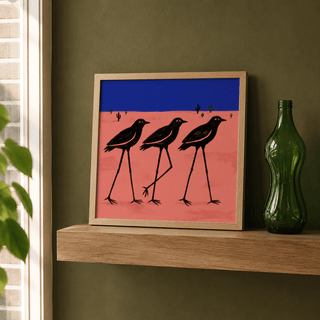 Wide-format wall print showing three birds framed by clean geometric bands