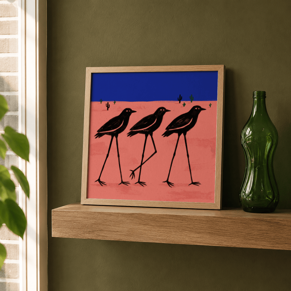 Wide-format wall print showing three birds framed by clean geometric bands