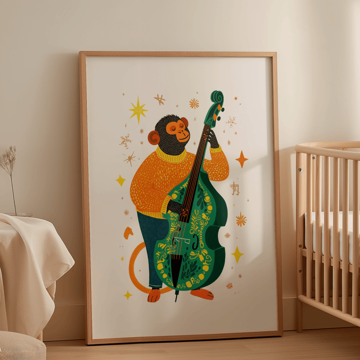 Framed Musical Monkey Art Print leaning on the floor by a wooden crib with neutral tones