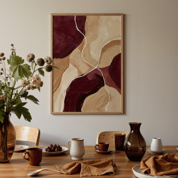Abstract Burgundy Print, gallery-style art print with beige, brown, red hues