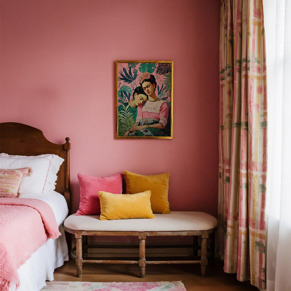 Two women embracing in Frida Kahlo self portrait style with painterly texture.