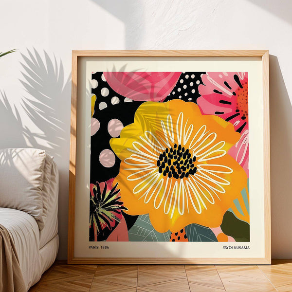 Creative room styled with vibrant Kusama flower posters