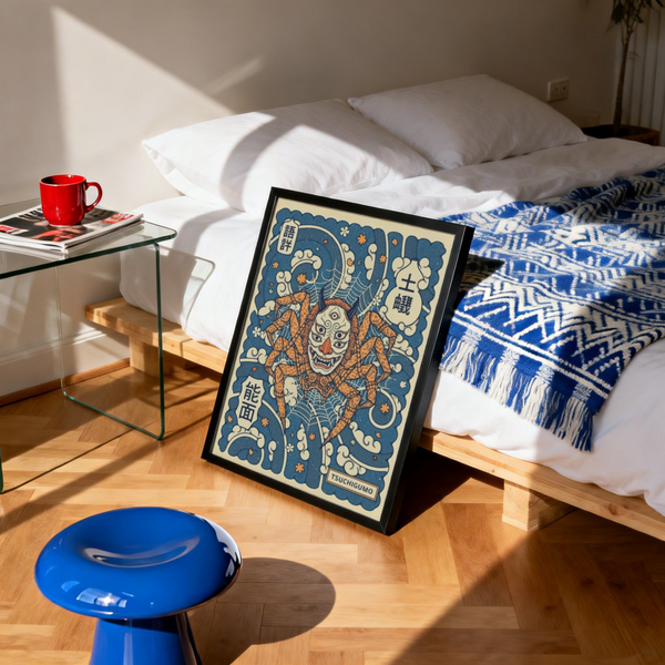 Close-up of Tsuchigumo Art Print highlighting the horned demon mask face and layered spider web details