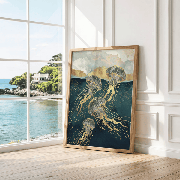 Abstract Jelly Fish Wall Art in blue and gold for creative workspace