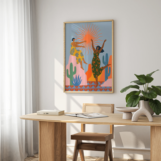 Multicolored illustration print depicting two women celebrating in a cactus landscape