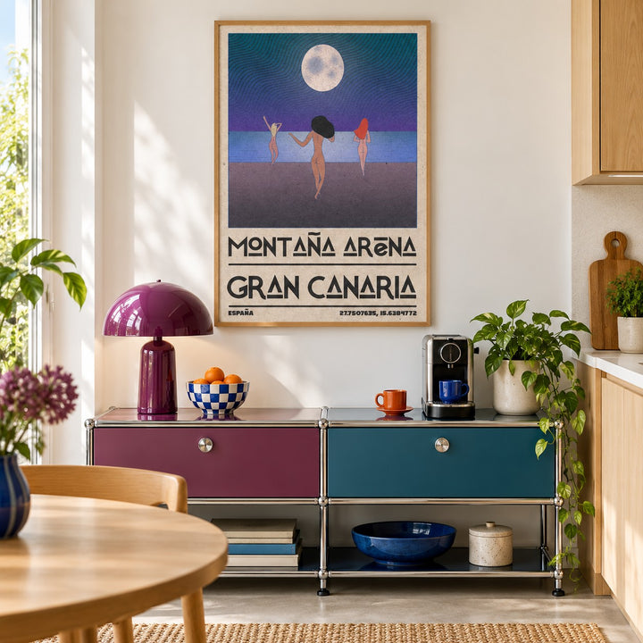 Beach Figures Art Print shown in a kitchen above a coffee station (frame not included)