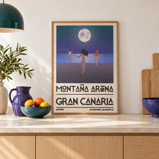 Beach Figures Art Print shown in a kitchen, leaning on the counter (frame not included)