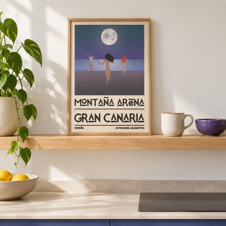 Beach Figures Art Print shown in the small A4 size on a kitchen shelf (frame not included)