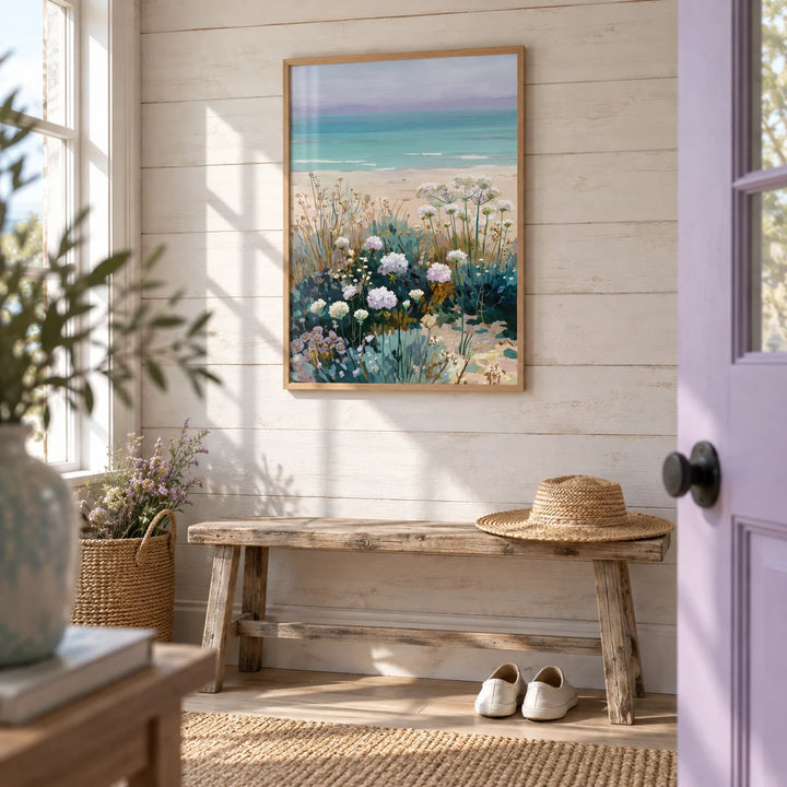Beach Floral Art, framed on the wall of a beach-house hallway with a whitewashed plank wall