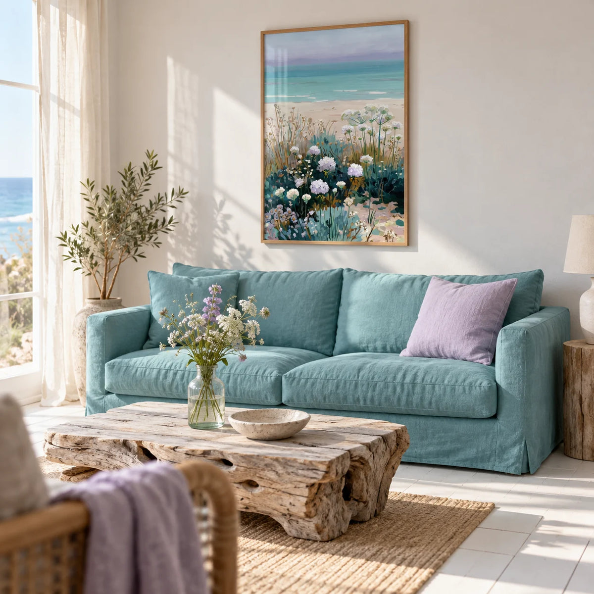 Beach Floral Art, framed on the wall of a bright seaside living room with white painted floorboards