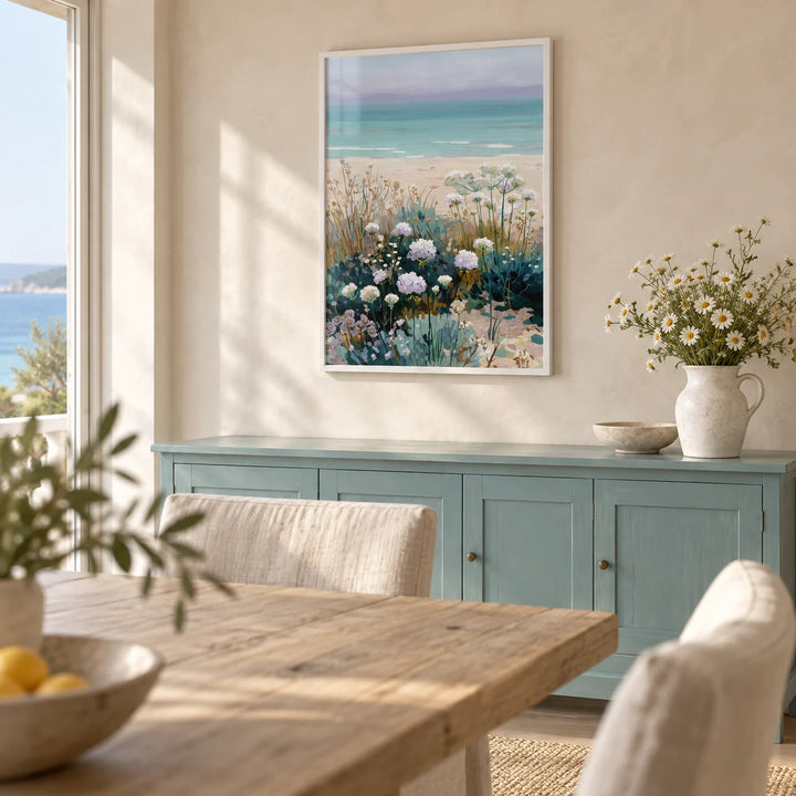Beach Floral Art, framed on the wall of a coastal dining room