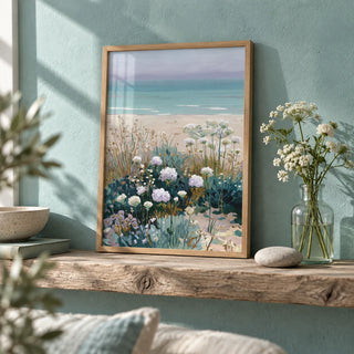 Beach Floral Art, a small A4 framed print leaning on a driftwood shelf in a living room