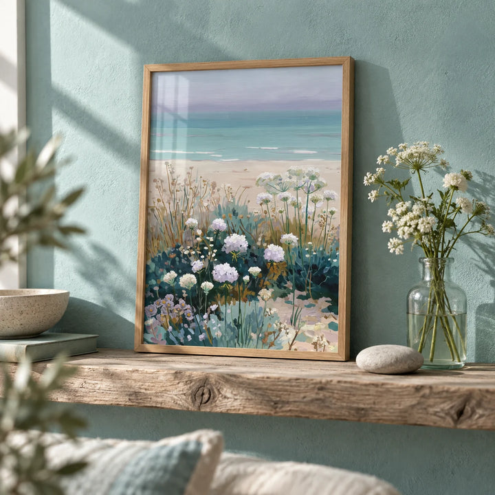 Beach Floral Art, a small A4 framed print leaning on a driftwood shelf in a living room