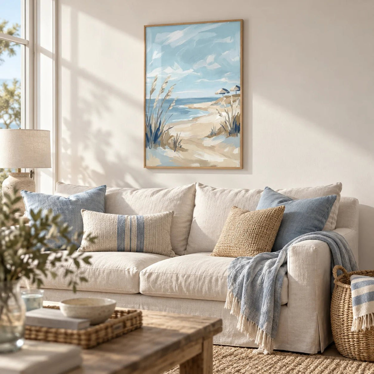 Beach Landscape Art Print, framed on the wall of a beach house living room