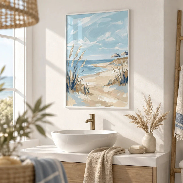 Beach Landscape Art Print, framed on the wall of a bright coastal bathroom