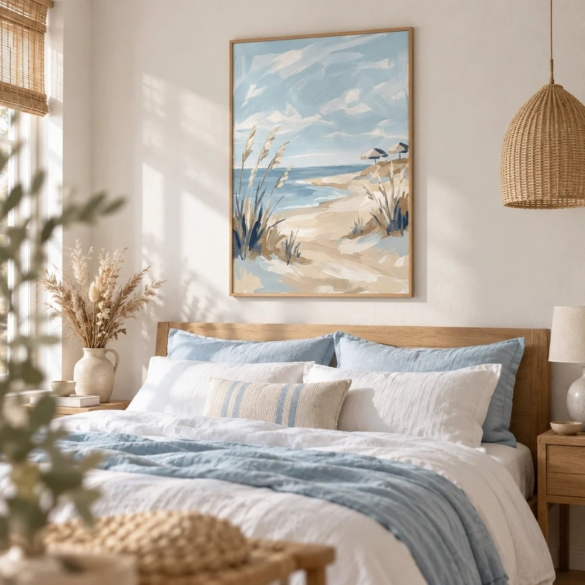 Beach Landscape Art Print, framed on the wall of a calm coastal bedroom