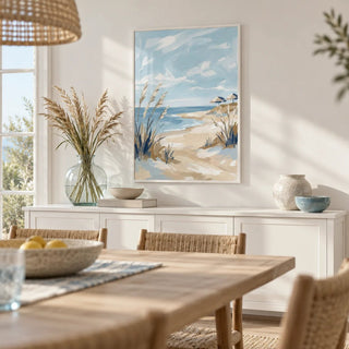 Beach Landscape Art Print, framed on the wall of a summery dining room