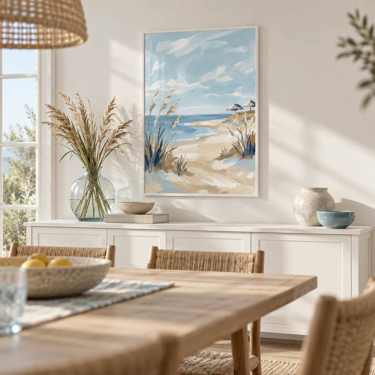 Beach Landscape Art Print, framed on the wall of a summery dining room