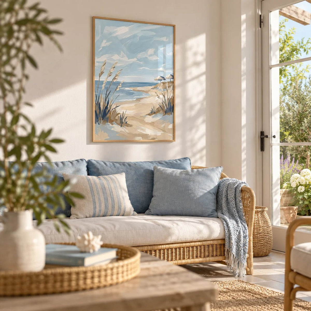 Beach Landscape Art Print, framed on the wall of a sunny garden room in a living room
