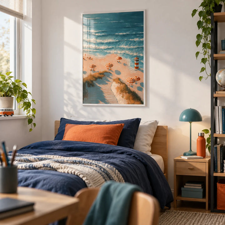Beach Lighthouse Print, framed on the wall of a fresh single bedroom for a teenage boy (13-17) with a white wall