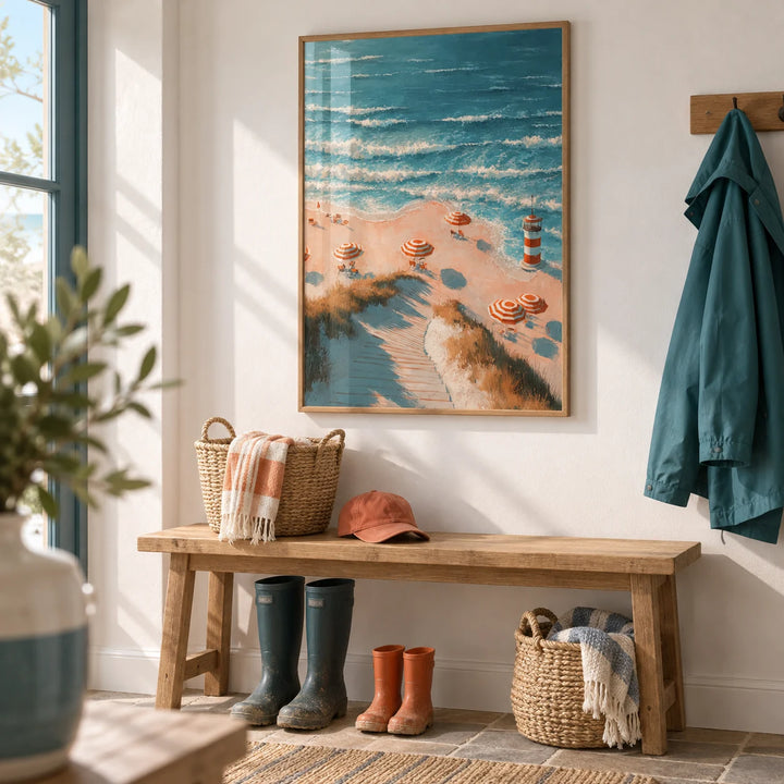 Beach Lighthouse Print, framed on the wall of a seaside boot room with a white wall in a hallway