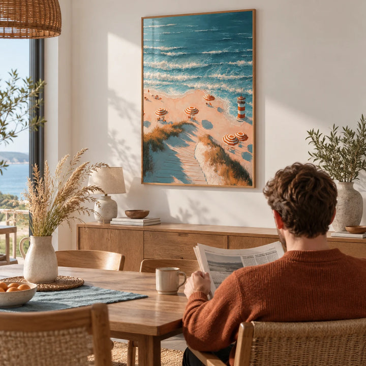 Beach Lighthouse Print, framed on the wall of a seaside dining room with a white wall
